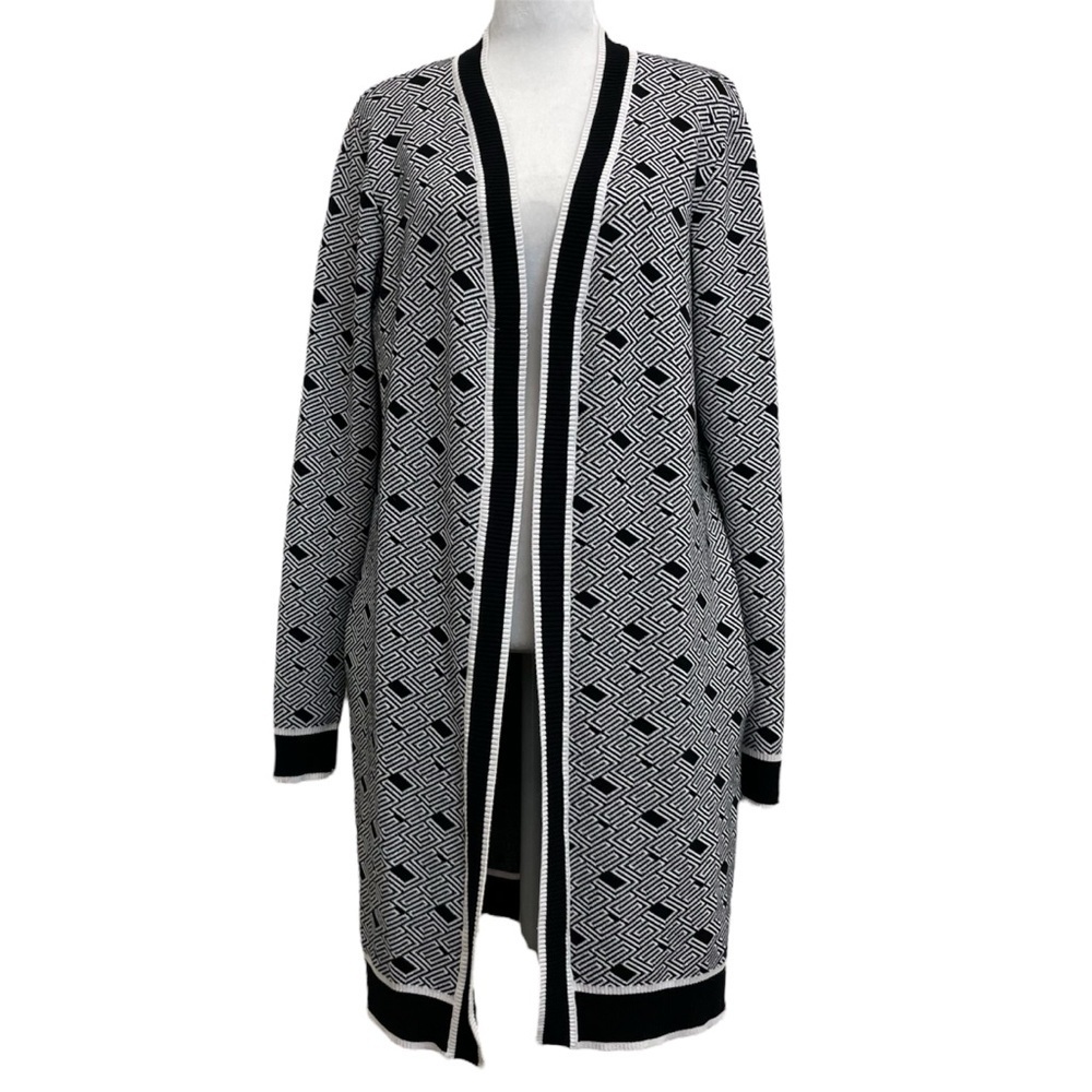 Guess Black & White Logo Knit Cachet Open Front Cardigan